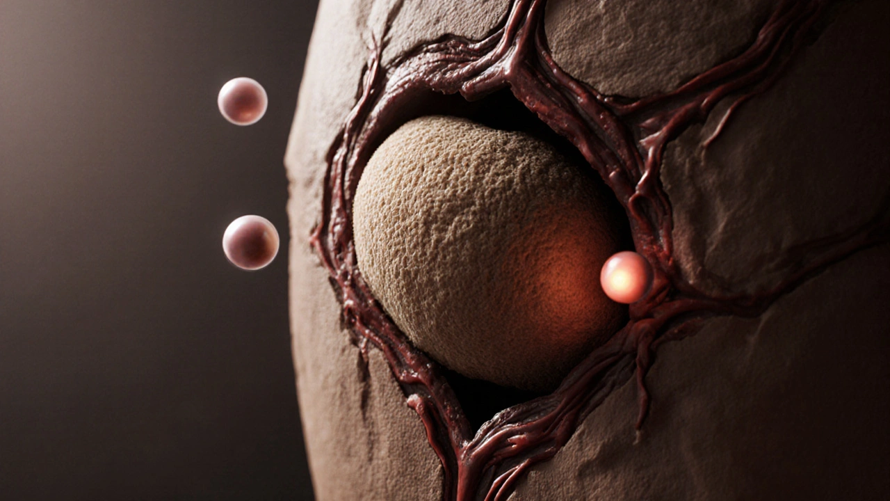 Clay sculpture of a uterus with placenta and contracting muscles stopping bleeding.