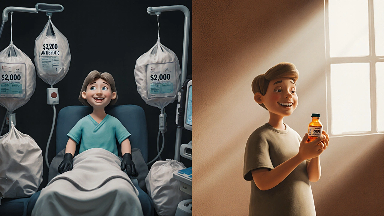 Contrast between expensive IV antibiotics and a simple  pill bottle.