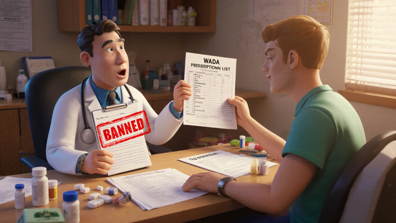 Doctor stamping prescription as athlete shows WADA list and TUE form on clinic desk.