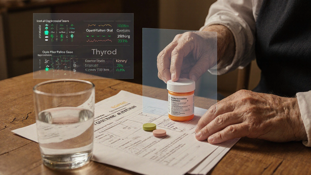 Elderly patient at table with water, lab results, and two different lithium pills, doctor&#039;s hand nearby.