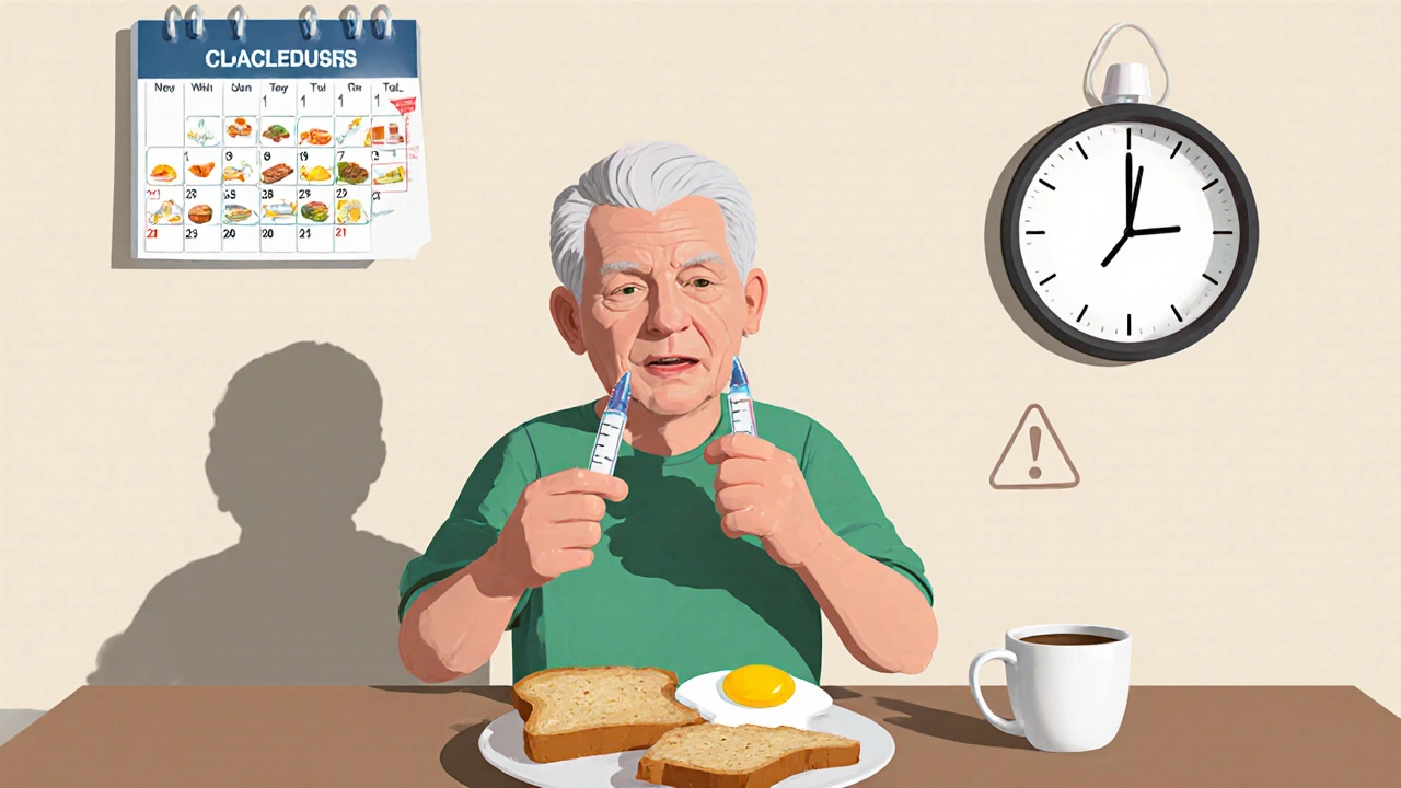 Elderly person taking premixed insulin at a fixed mealtime with a daily schedule.