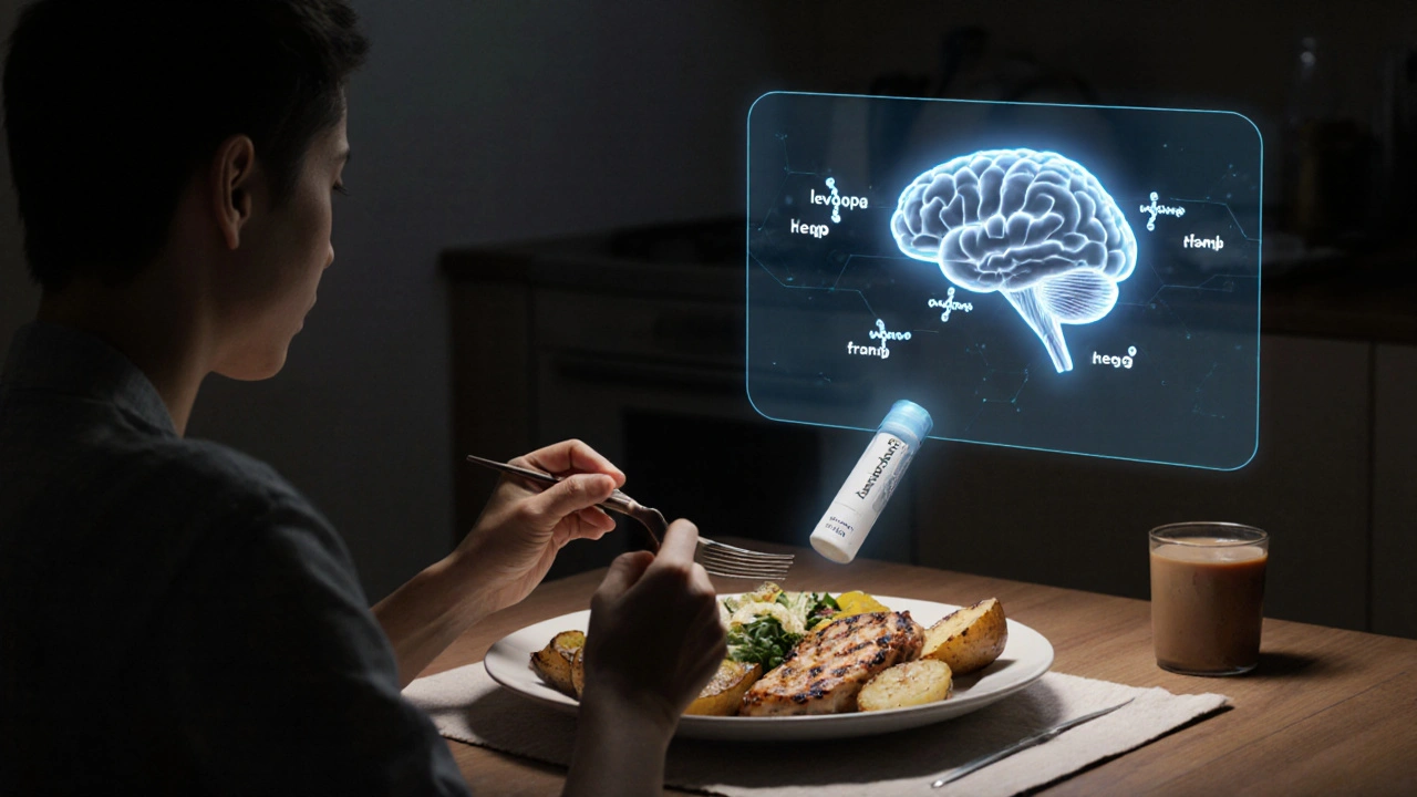 Evening meal with protein-rich food as levodopa molecules freely enter the brain.