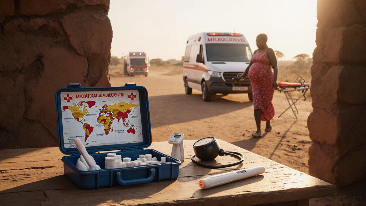 Medical kit with misoprostol tablets and monitoring tools on a table in a remote village.