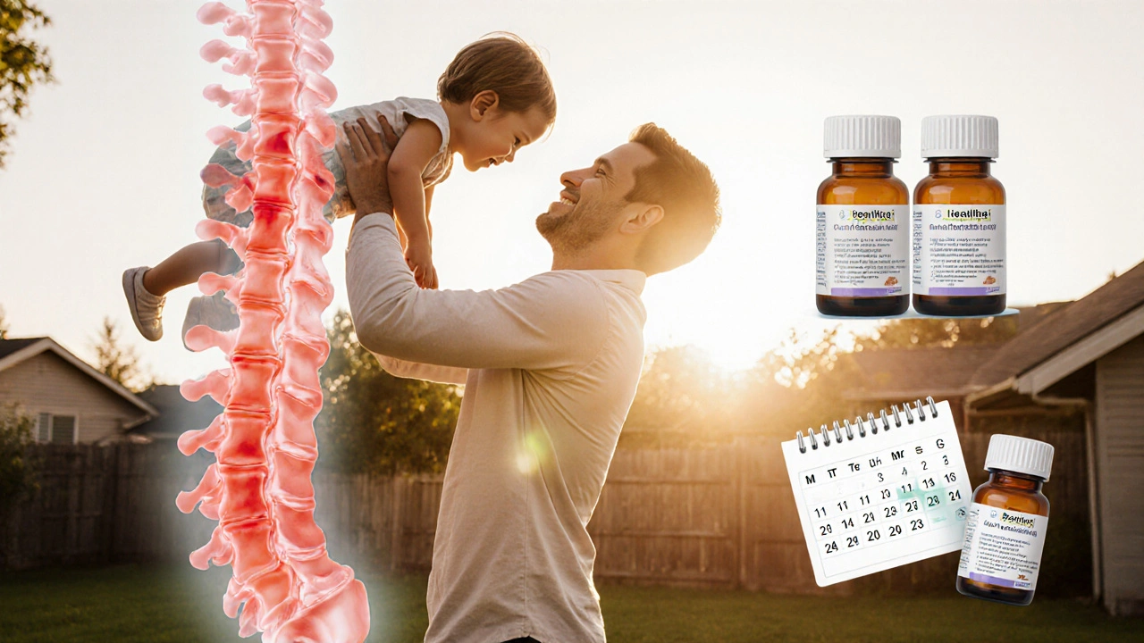 Parent lifting child joyfully, spine healthy with fading inflammation, biosimilar bottles nearby.