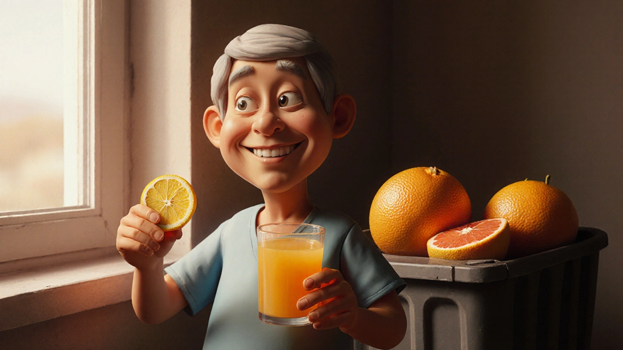 Patient drinking safe citrus juice while toxic citrus fruits are thrown away in background