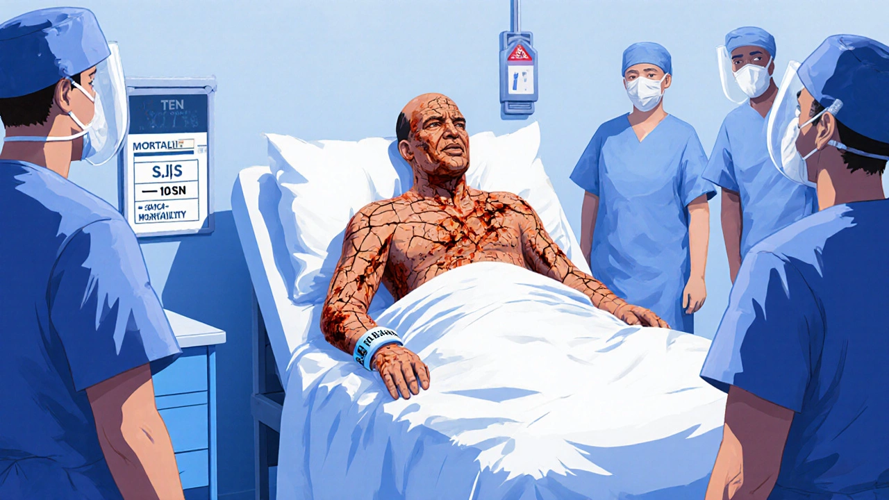 Patient in hospital with peeling skin, medical alert bracelet visible, staff attending in burn unit.