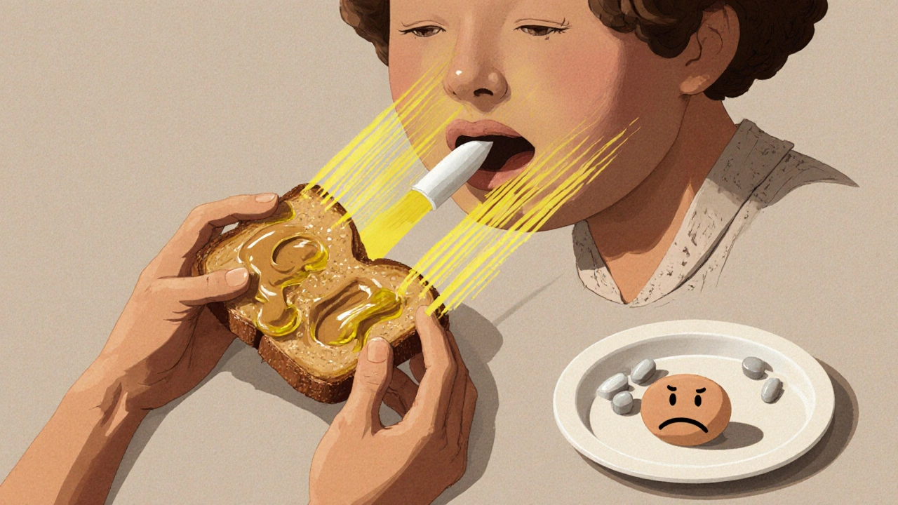 Person eating peanut butter sandwich while pill absorbs effectively