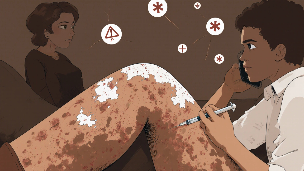 Person injecting epinephrine into thigh while loved one calls for help, rash visible on arm.