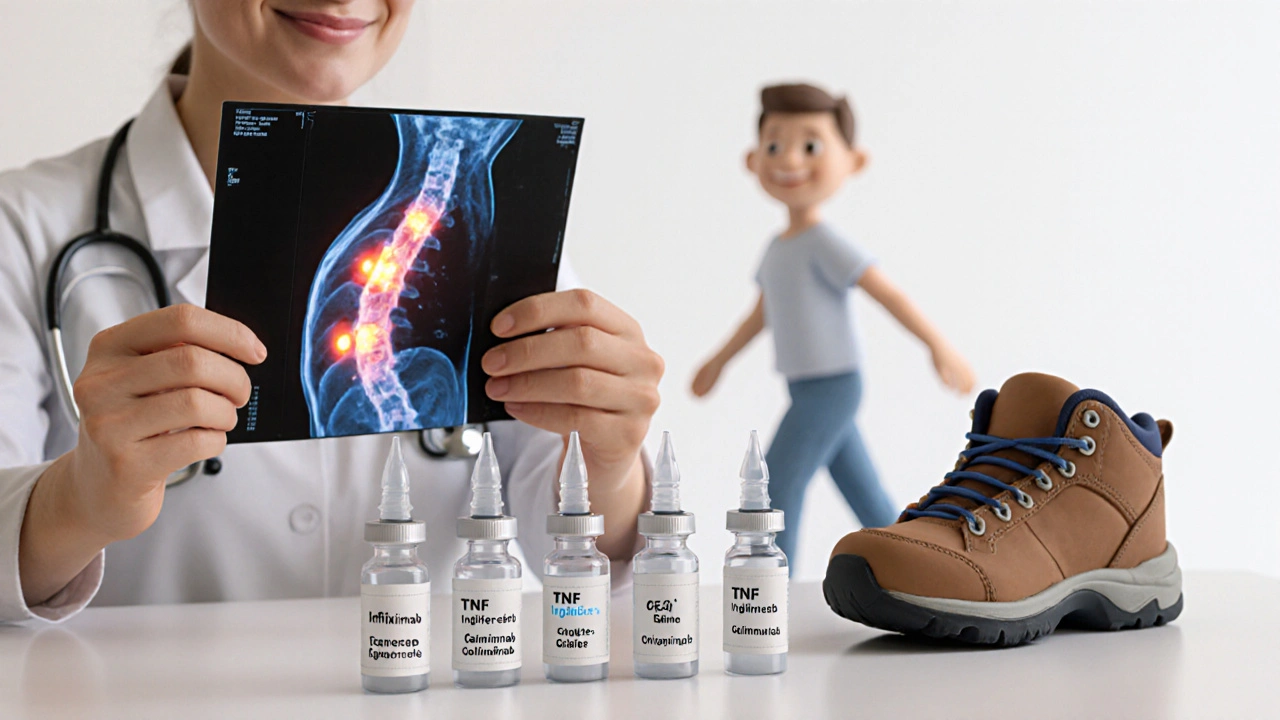 Rheumatologist showing MRI scan with TNF inhibitor syringes on table, patient smiling in background.
