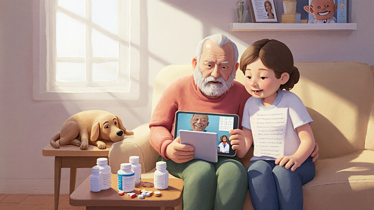 Senior and child reviewing medication list with pharmacist on video call.