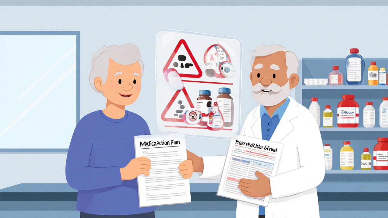 Senior receiving Medication Action Plan from pharmacist in pharmacy.
