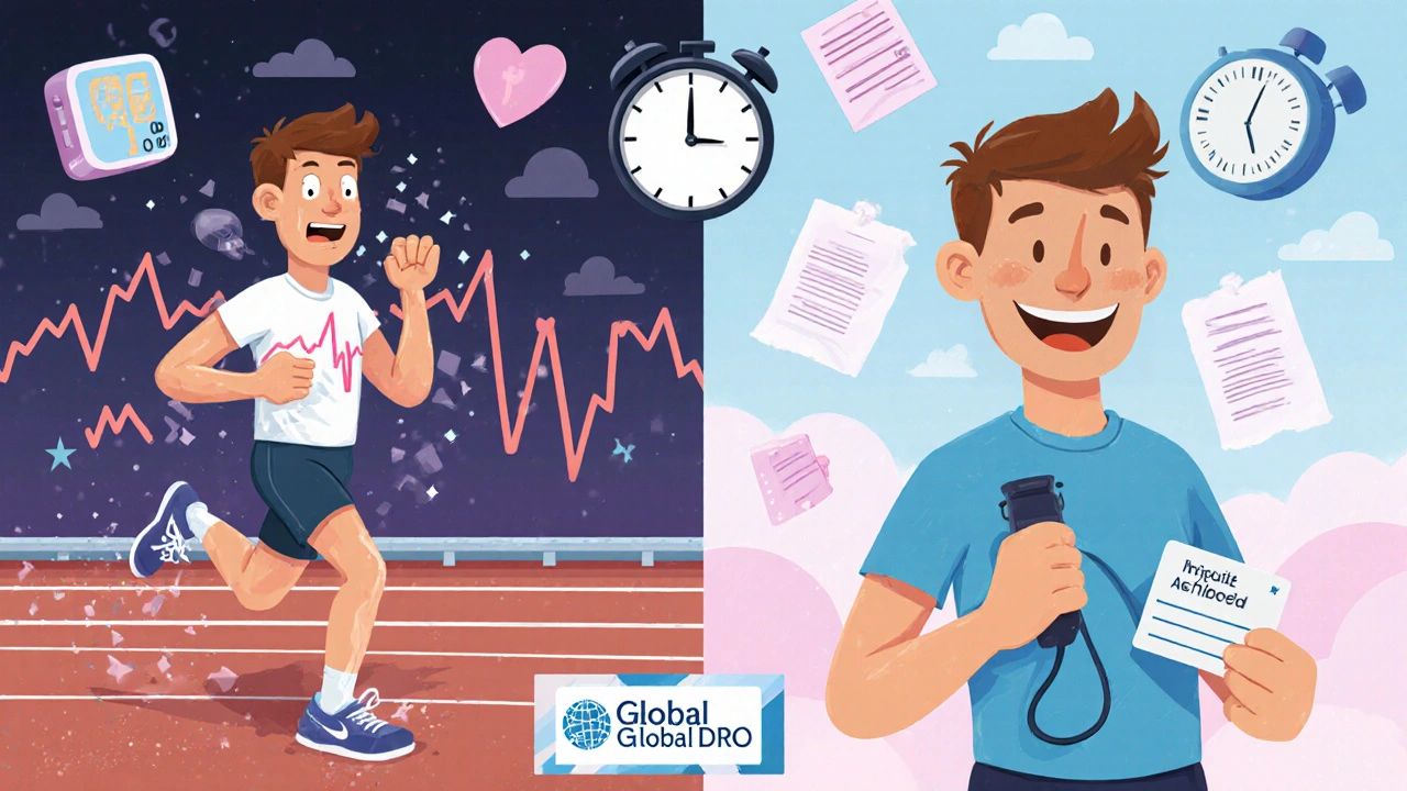 Split image: athlete struggling with side effects vs. same athlete safe with TUE and medical support.