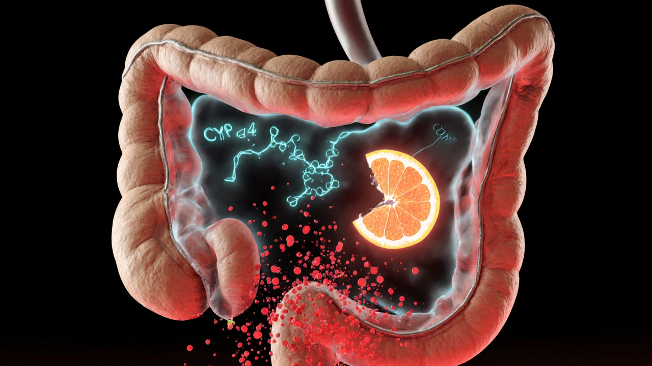 Translucent intestine with enzymes disabled by grapefruit chemicals, drug particles flooding bloodstream