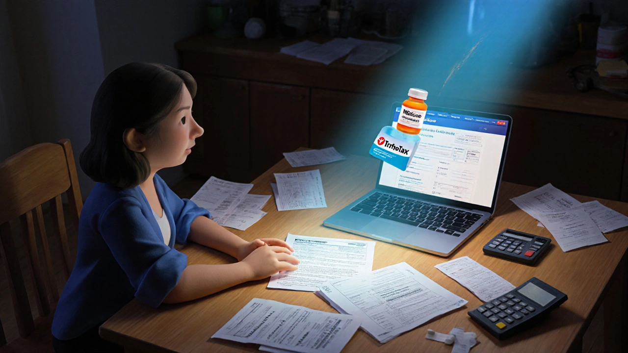 Woman at kitchen table with tax papers and doctor&#039;s form, glowing pill bottle above her hands.