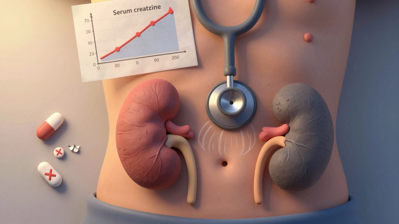 Abdominal bruit with stethoscope, comparing healthy and damaged kidneys, broken blood pressure pills.