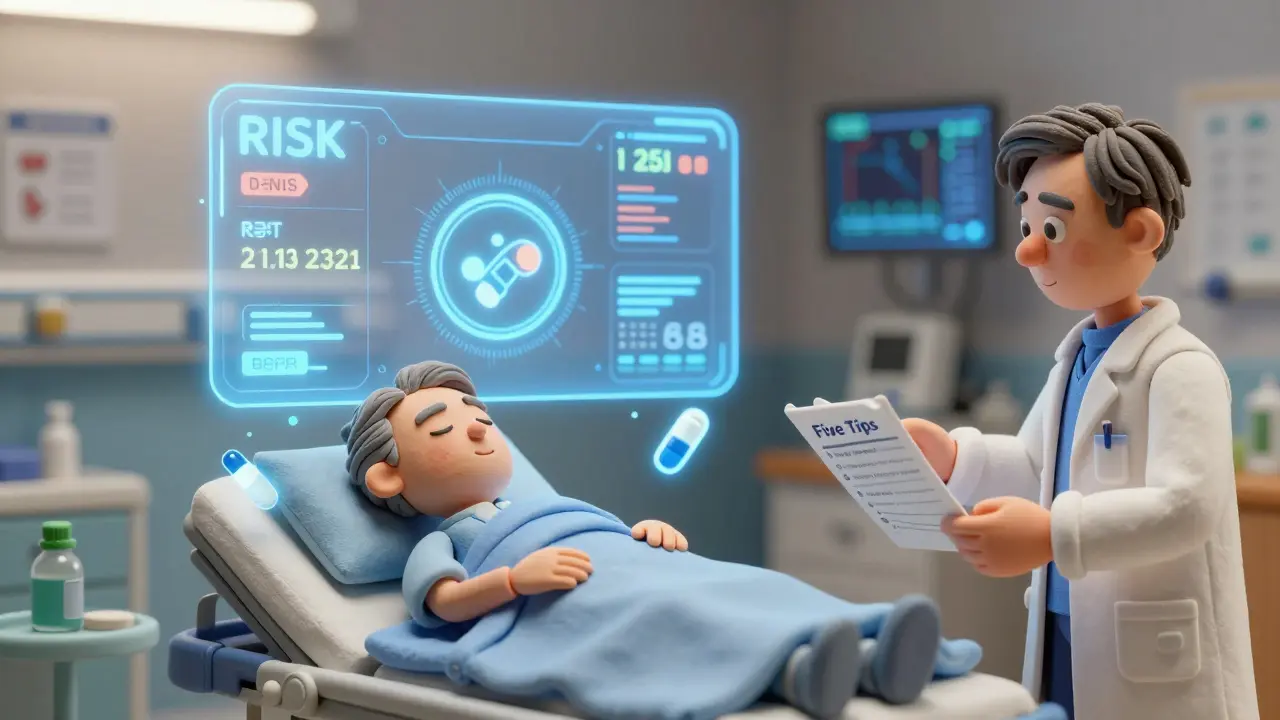 AI risk dashboard hovering above a sleeping elderly patient in a hospital room, with a pharmacist nearby.