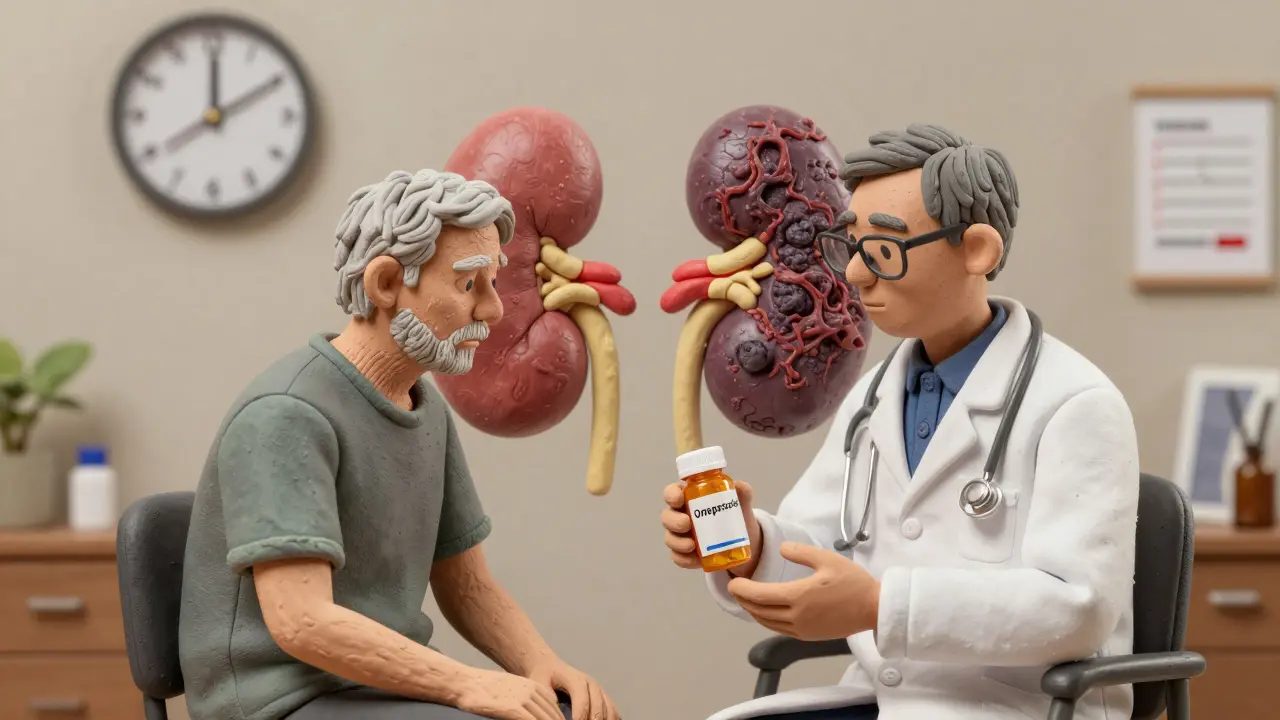 An elderly patient with a translucent damaged kidney overlay, holding a PPI pill bottle in a doctor's office.