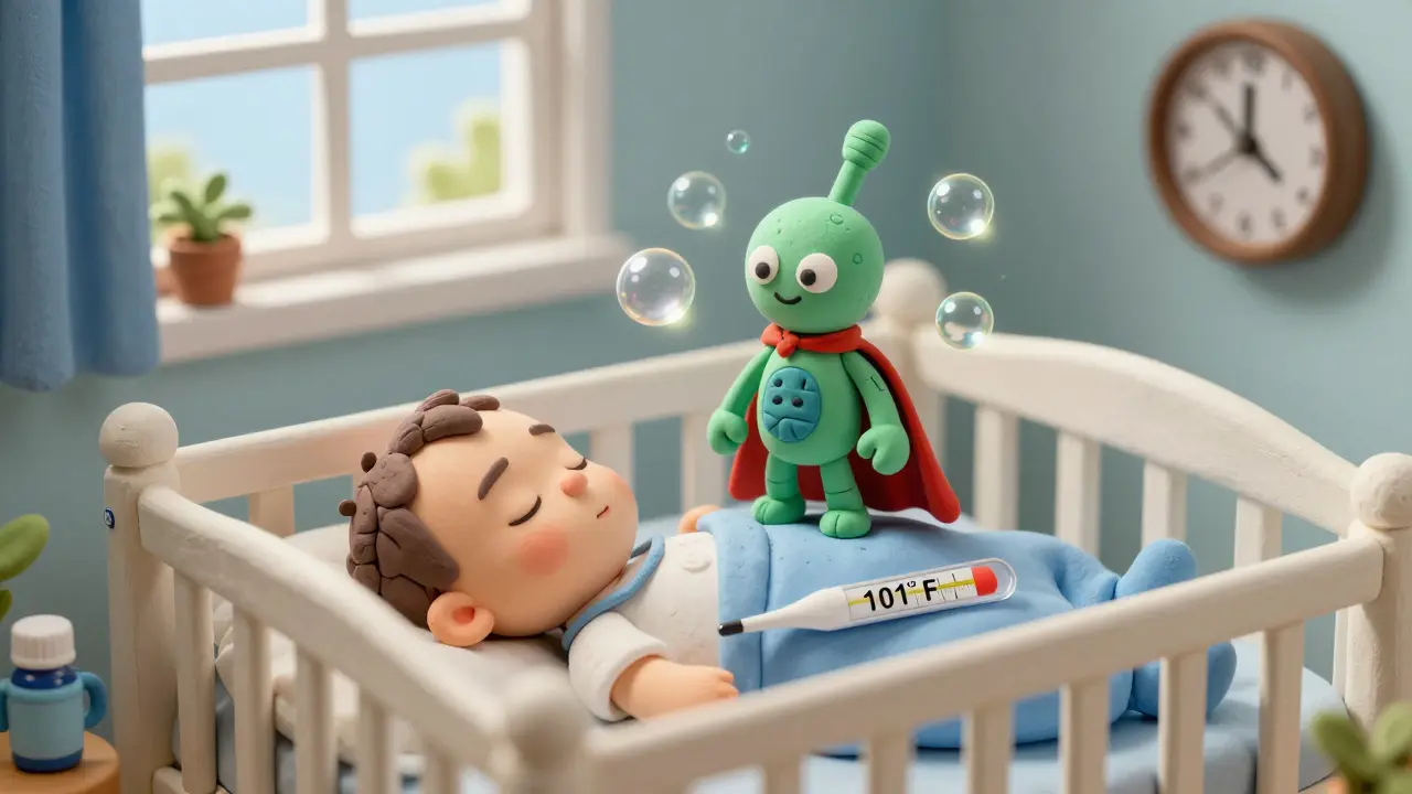 Baby asleep peacefully with 101°F fever and glowing antibody superhero on chest, afternoon light streaming in.