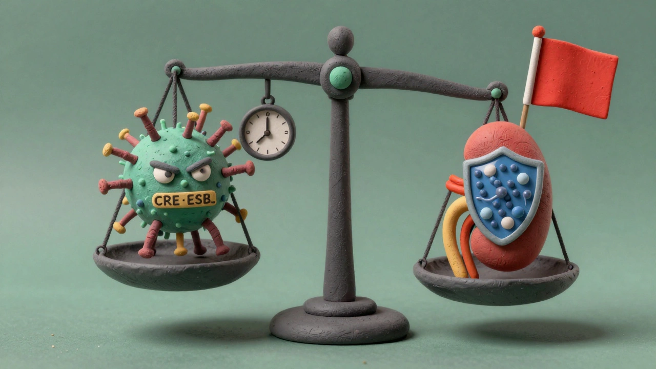 Balance scale weighing a deadly superbug against a protected kidney, with a countdown to day 7.