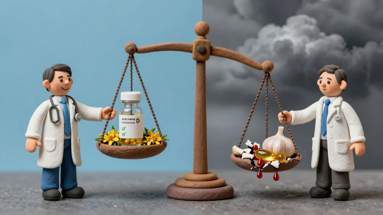 Balanced scale comparing safe supplements on one side and risky ones with red droplets on the other.