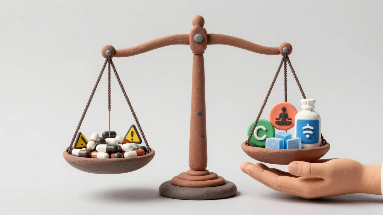 Balanced scale showing opioid pills versus non-opioid pain management tools in clay style.