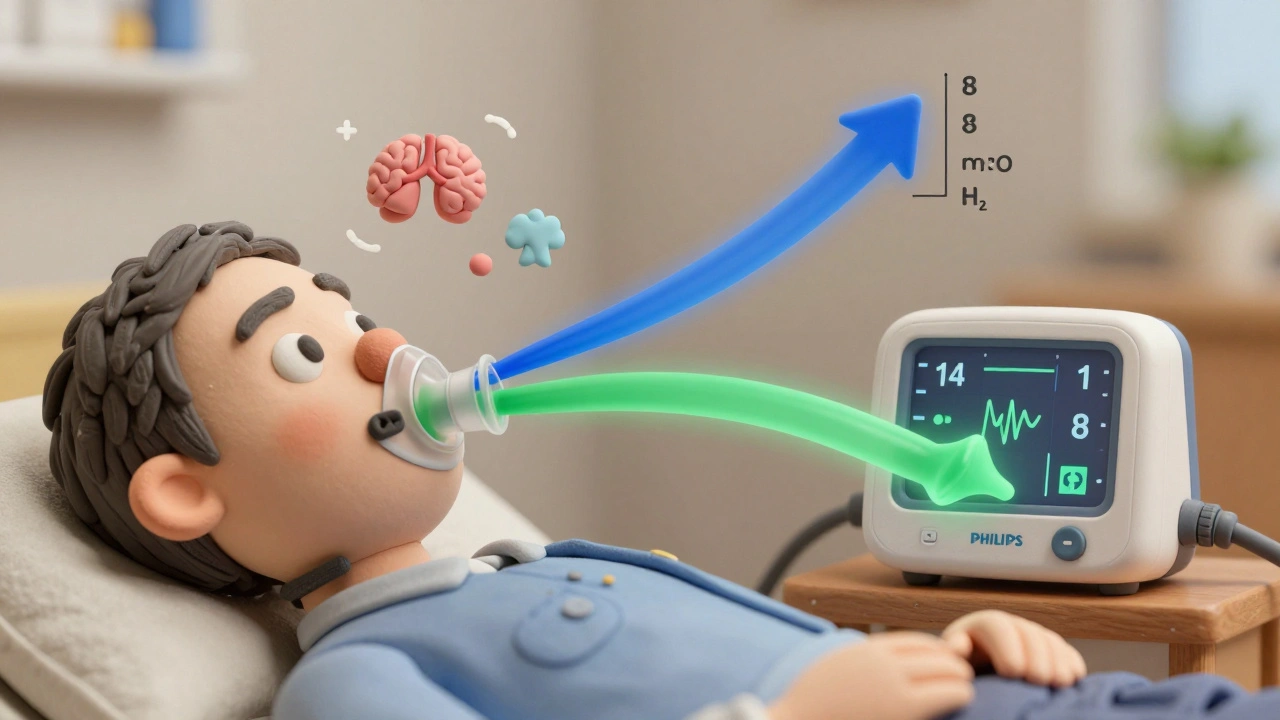 BiPAP machine displaying two different air pressure levels for inhale and exhale in clay style.