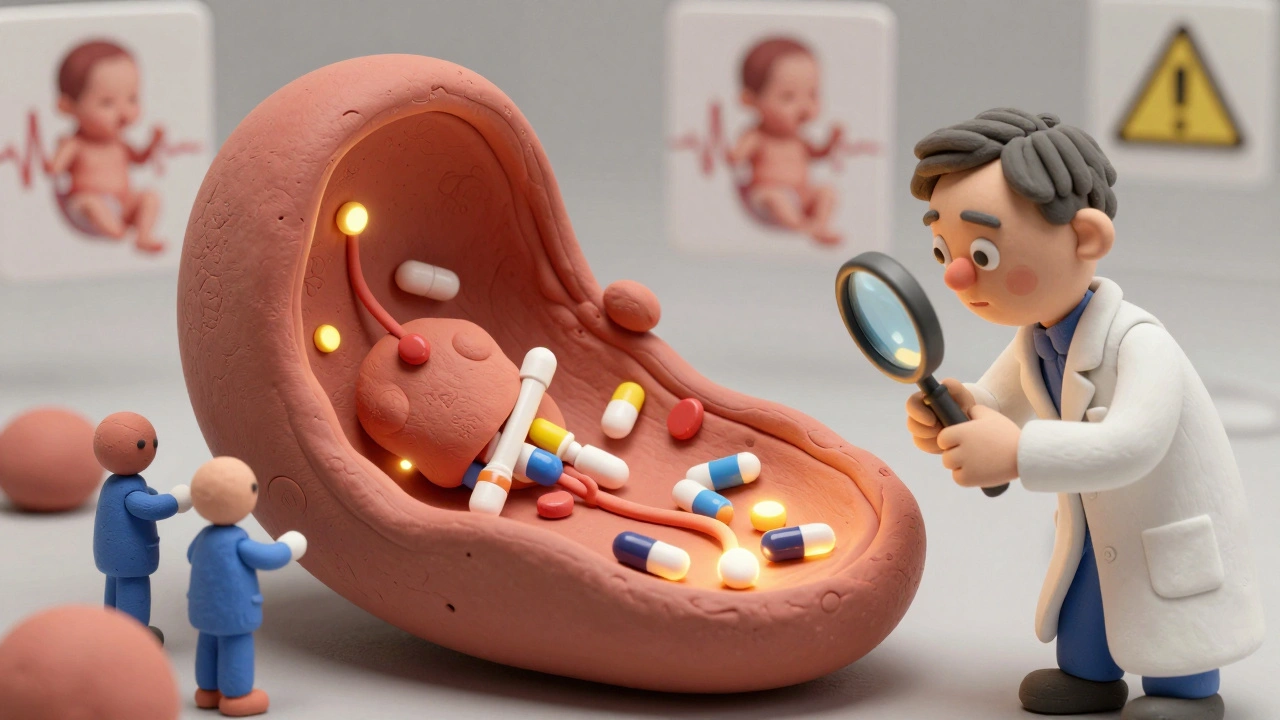 Clay placenta-on-a-chip device with drug molecules flowing through, transporter proteins blocking some, scientist observing.