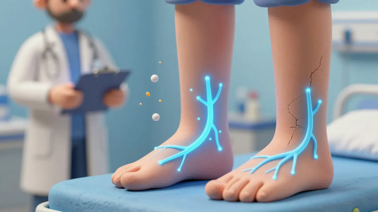 Clay-rendered feet with glowing blue tingling nerves spreading upward like a stocking, symbolizing neuropathy.