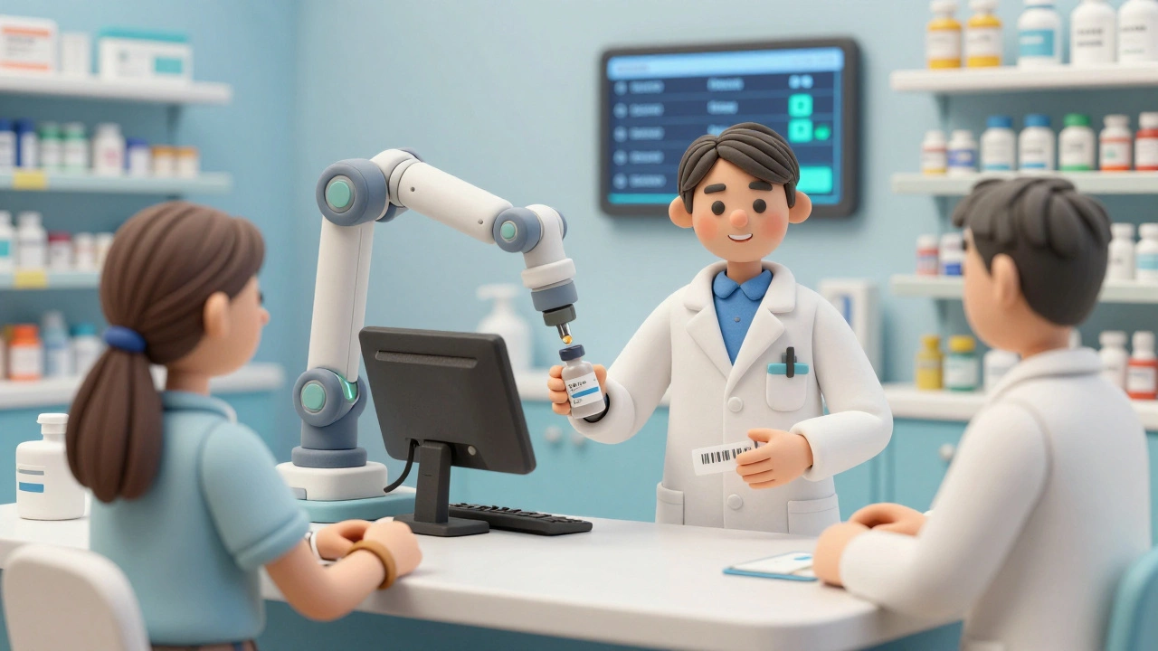 Clay-style cartoon of a robotic arm dispensing pills with barcode scanners verifying patient safety in a modern pharmacy.