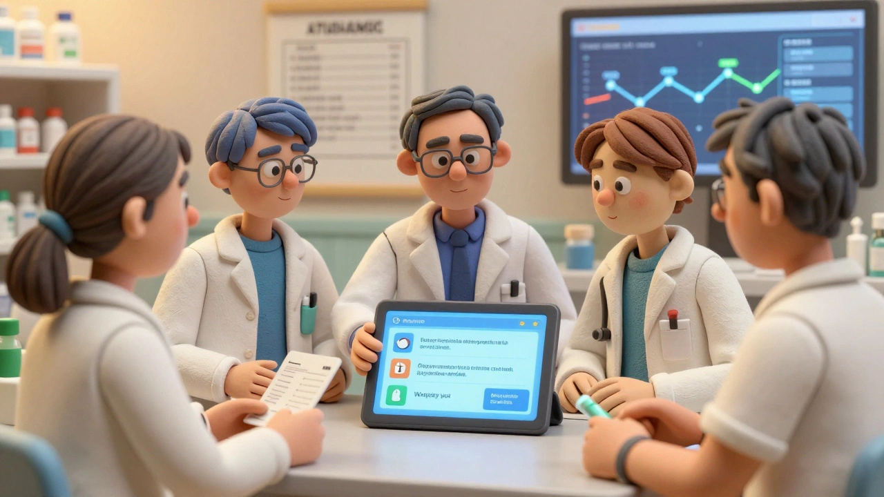 Clay-style cartoon of pharmacists reviewing AI-predicted drug interactions on a tablet during a team huddle.