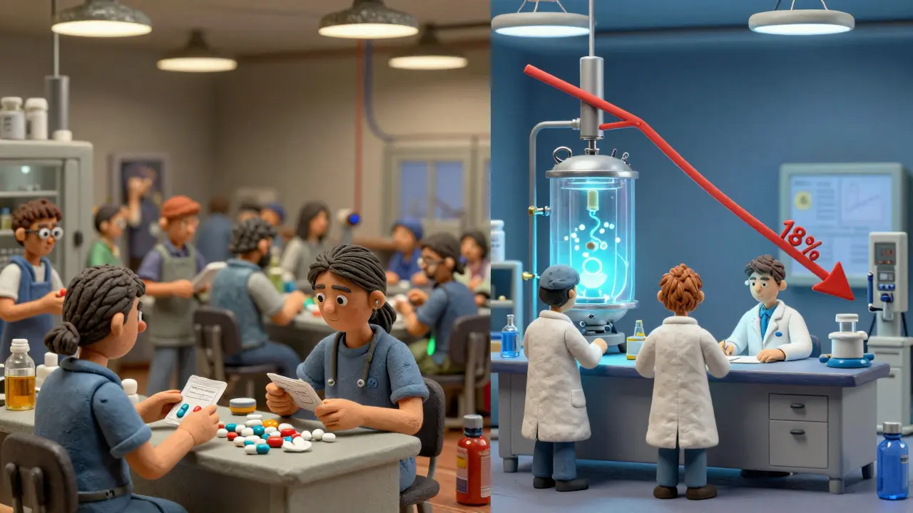 Clay-style split factory scene: generic pill production vs. advanced biosimilar bioreactors.