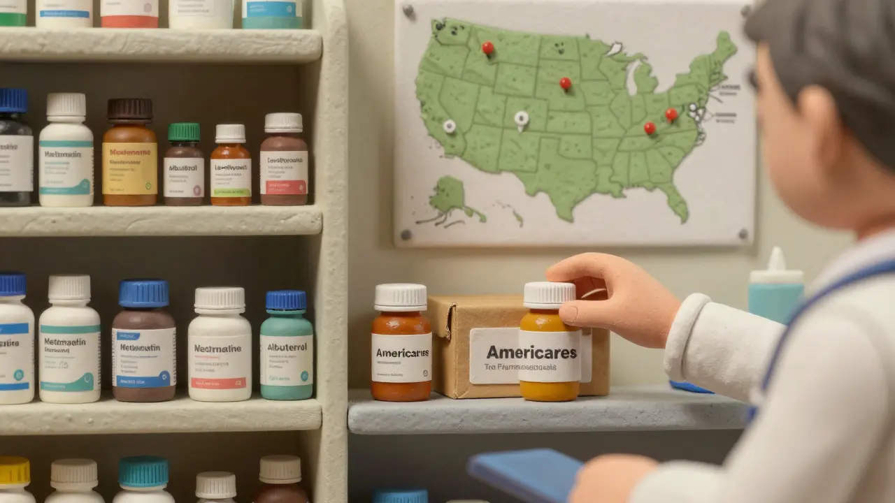 Clinic pharmacy shelf with labeled medications and donation labels from pharmaceutical partners.