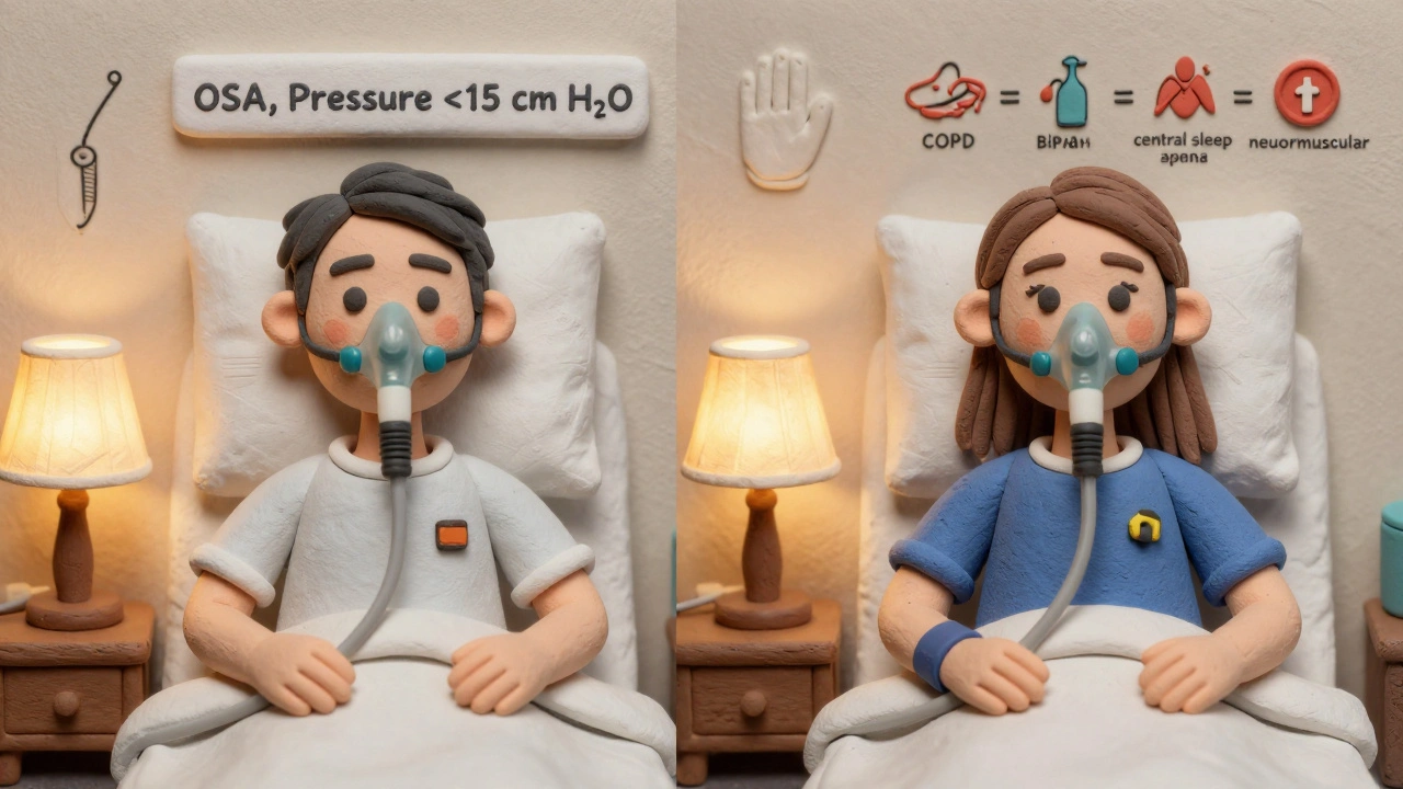 Contrasting CPAP and BiPAP patients with medical condition icons in soft clay rendering.