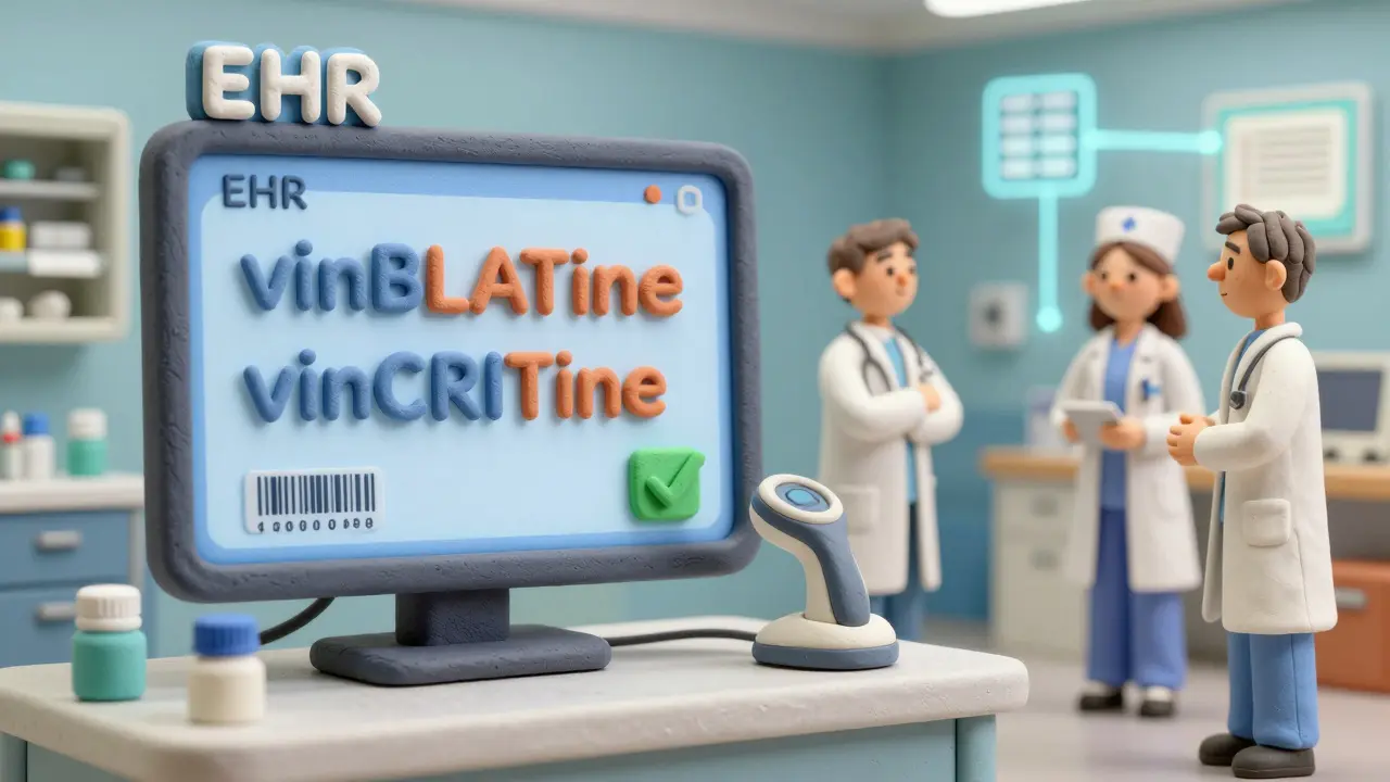 Digital health screen displaying tall-man lettering drug names with medical team collaborating in a clay-rendered hospital setting.