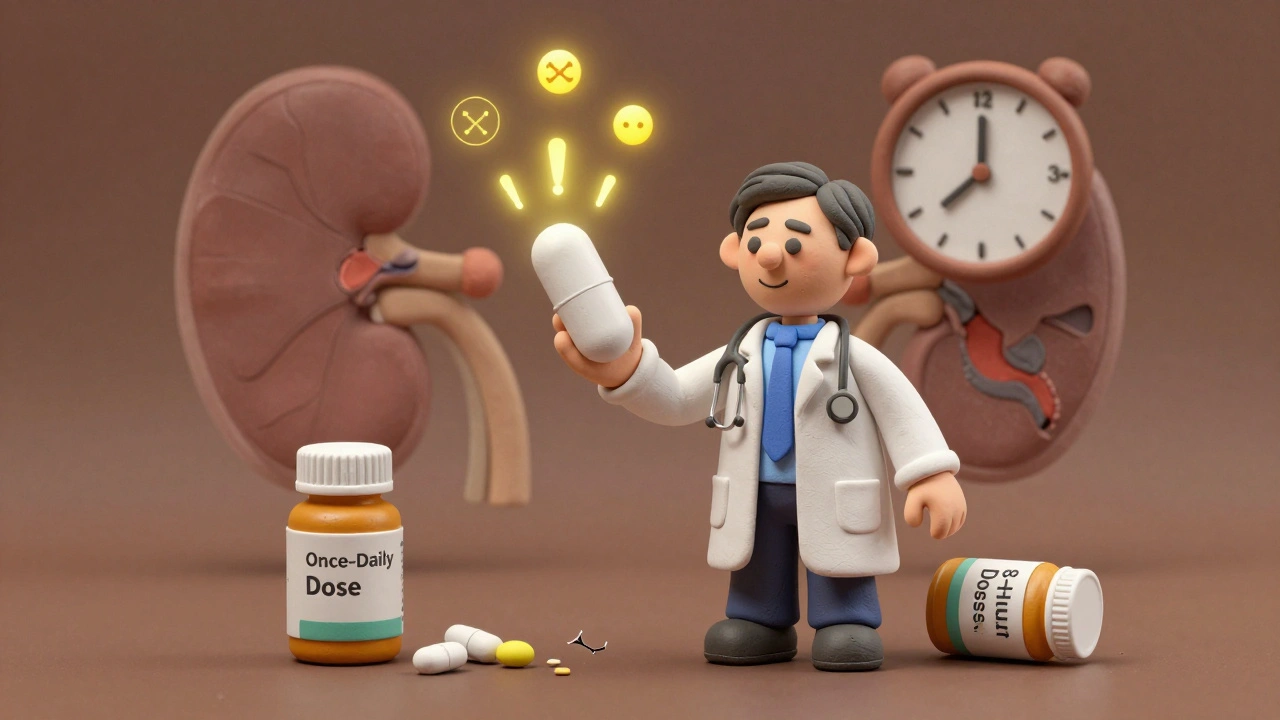 Doctor holding a once-daily aminoglycoside pill beside urine biomarkers glowing as early warning signs.
