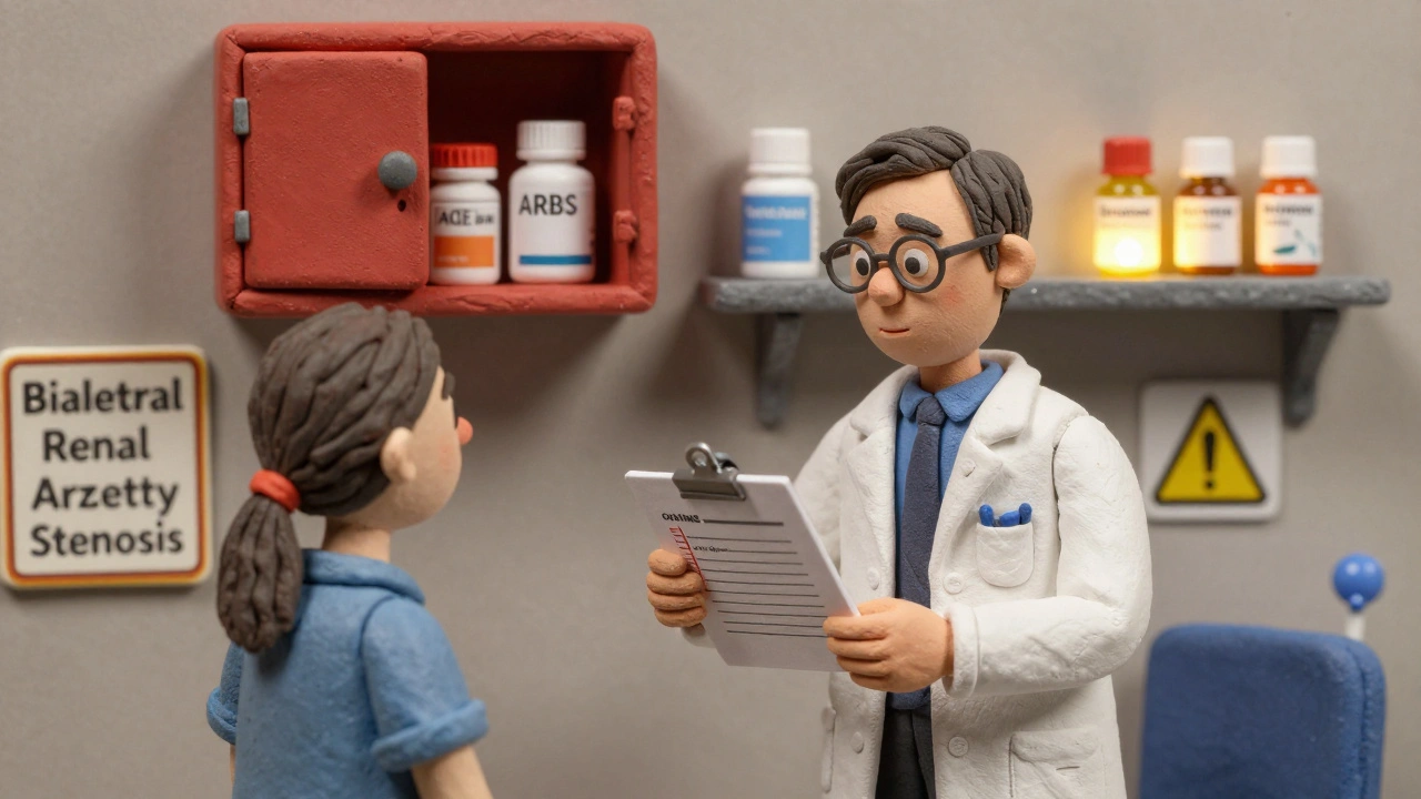 Doctor holding blood test as locked ACE inhibitors and safe alternatives appear on shelves.