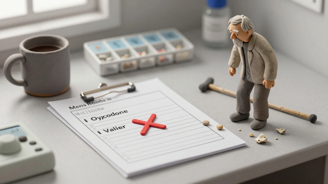 Elderly person near overlapping prescriptions, with a cracked clay figure about to fall, representing fall risk.