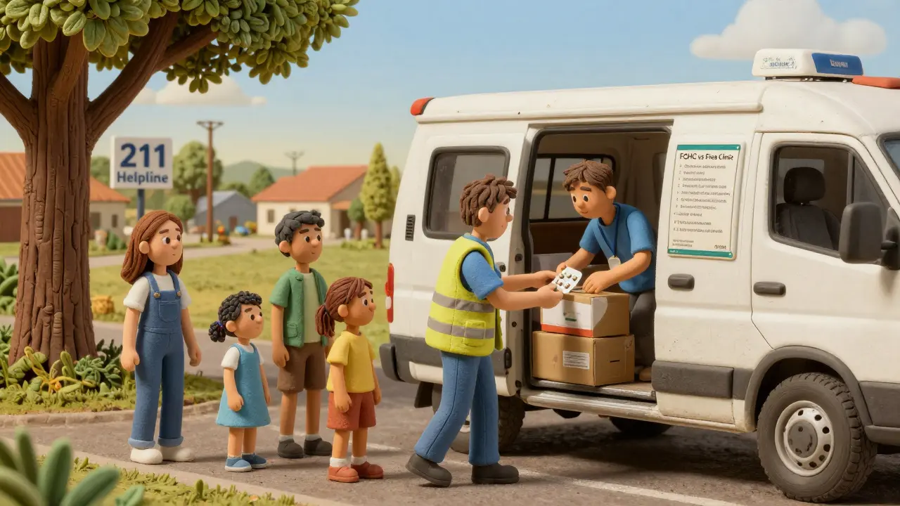 Family receiving medicine from a mobile clinic under a tree, with rural town in background.