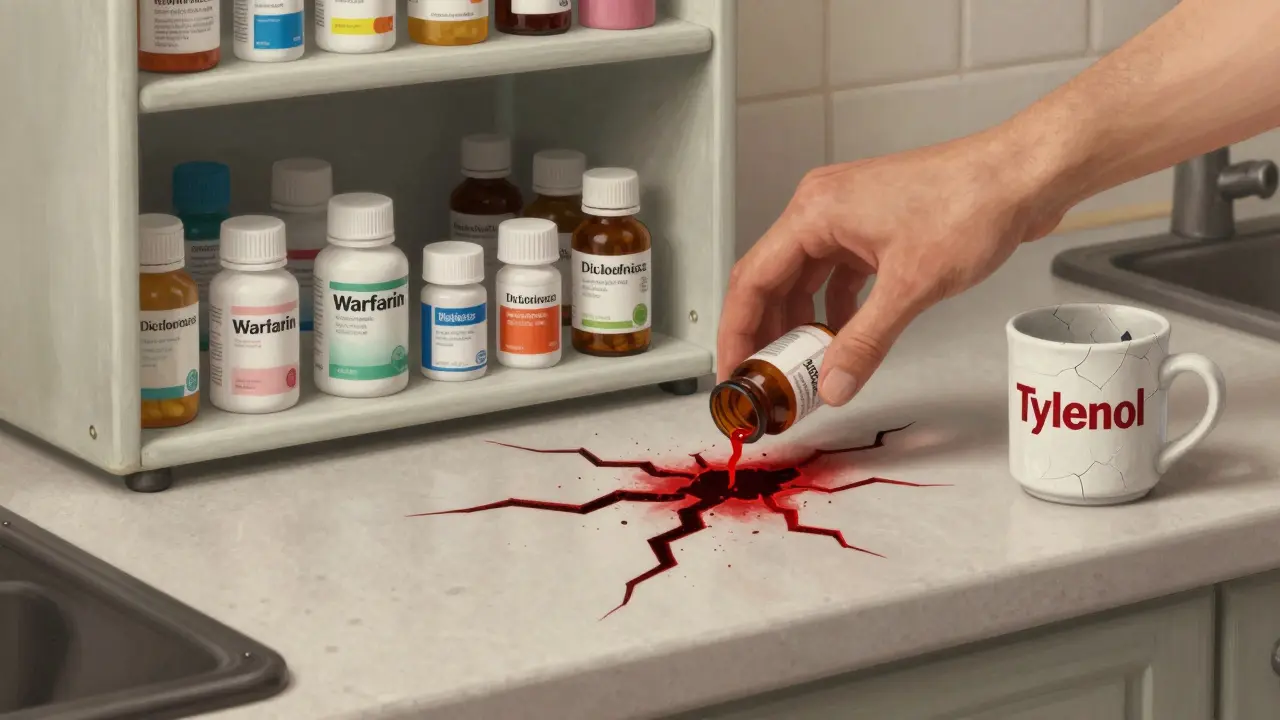 Medicine cabinet with Warfarin and NSAID bottles on a counter, a red crack spreading beneath as Tylenol sits safely aside.
