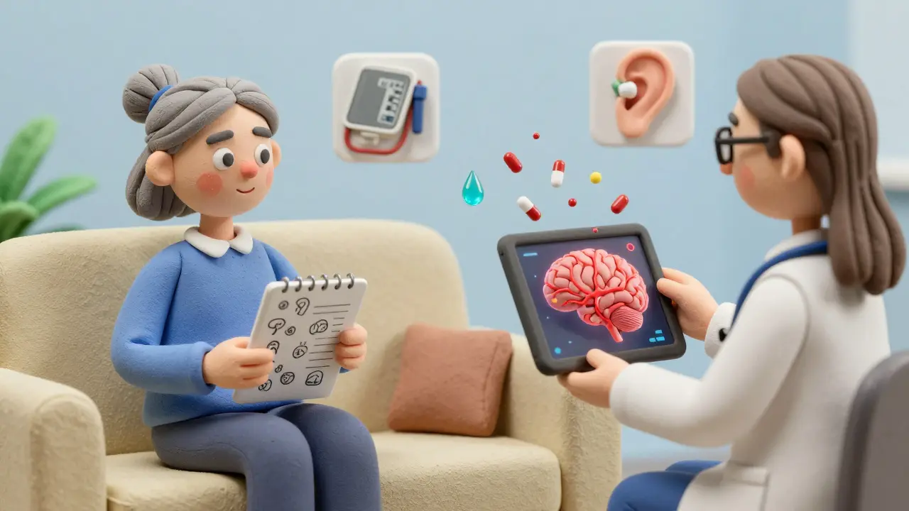 Older woman tracking symptoms with her doctor reviewing a brain model, clay art style.