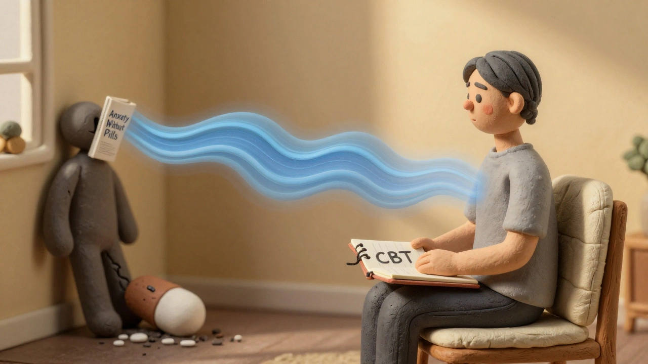 Patient in therapy room with calm energy and dissolving pill, symbolizing safe alternatives to benzodiazepines.