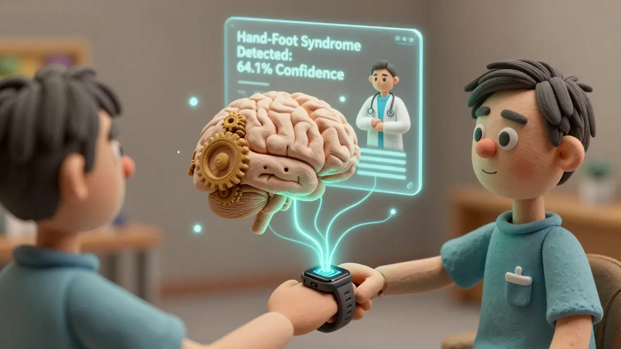 Patient with smartwatch connected to an AI brain detecting drug side effects in clay style