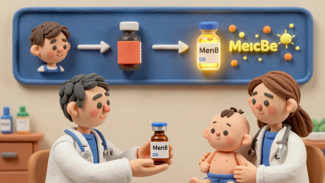 Pediatrician gives paracetamol after MenB vaccine, with clay animation showing immune response comparison.