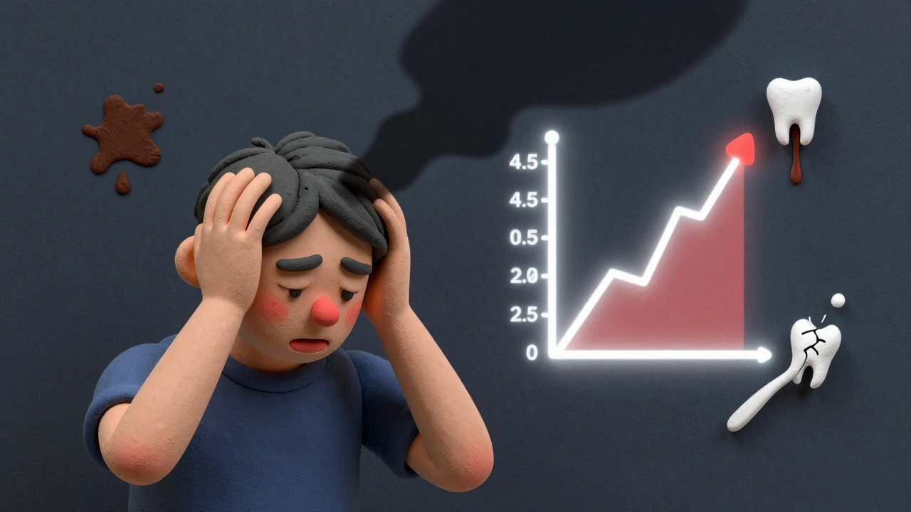 Person clutching head with dark shadow, warning symbols and rising INR chart nearby.