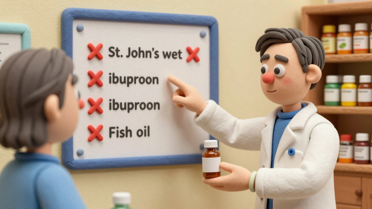 Pharmacist advising patient about warfarin drug interactions with labeled medications and foods.