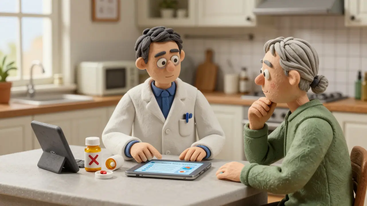 Pharmacist and older adult reviewing medications together at a kitchen table with pill bottles and a tablet.