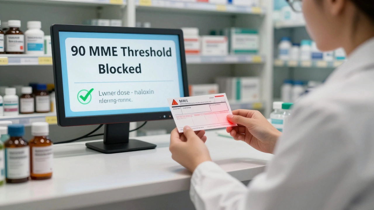 Pharmacist stopping an opioid fill due to high MME threshold, with safer alternatives on display.