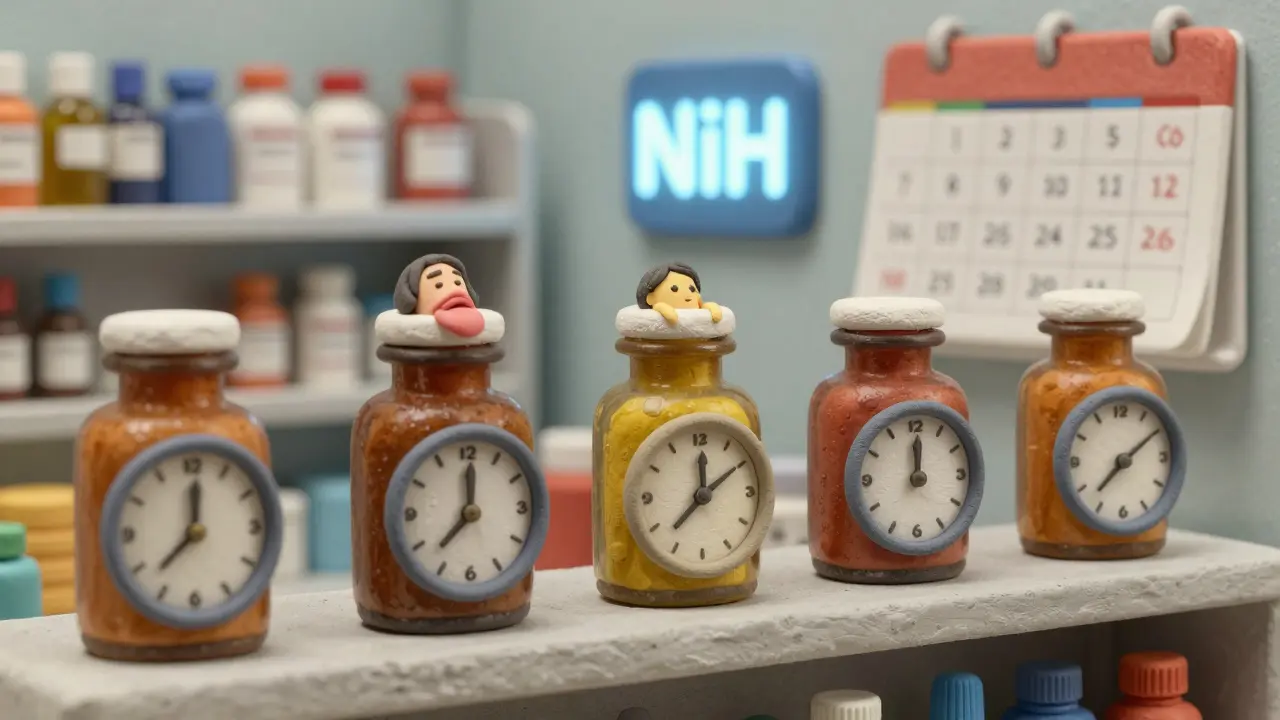 Pharmacy shelf with clock-filled bottles releasing symptoms like swelling and jaundice.