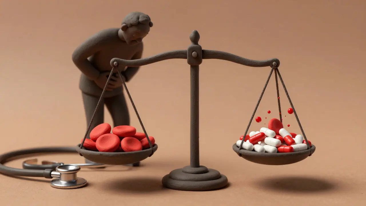 Scale crushing blood cells under NSAID pills, with elderly silhouette in background, illustrating bleeding risk.