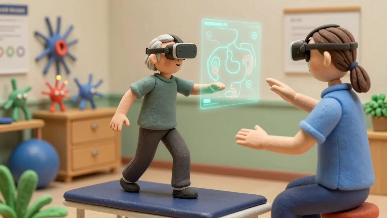 Senior doing balance therapy with virtual reality paths, clay rendering style.